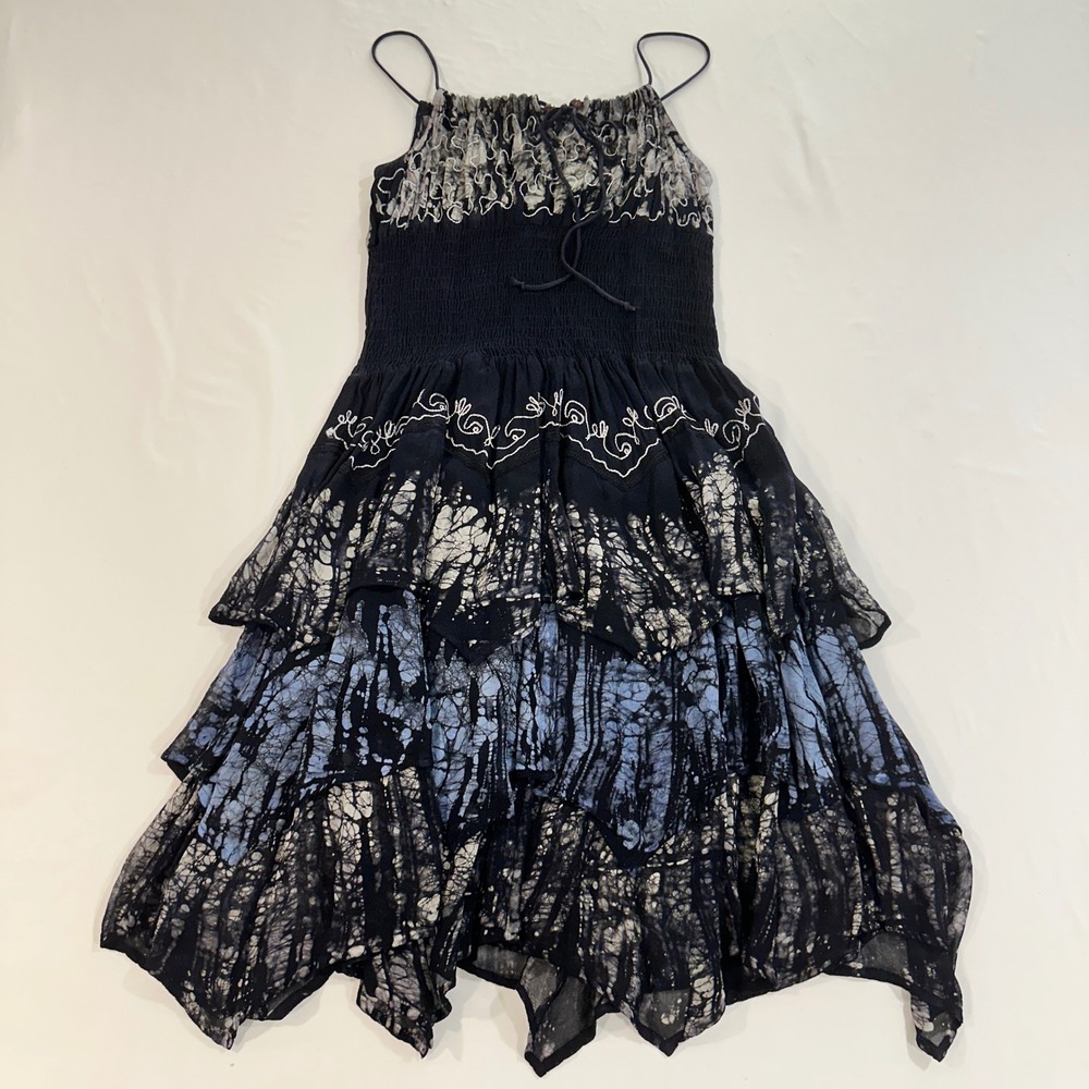 Advance Batik Tiered Midi Dress Women OS Blue Black Smocked Whimsigoth Fairy